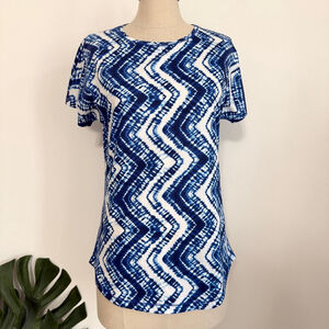 Olsen Blue White Tie Dye Chevron Short Sleeve Cotton Top T-Shirt Womens Size 6